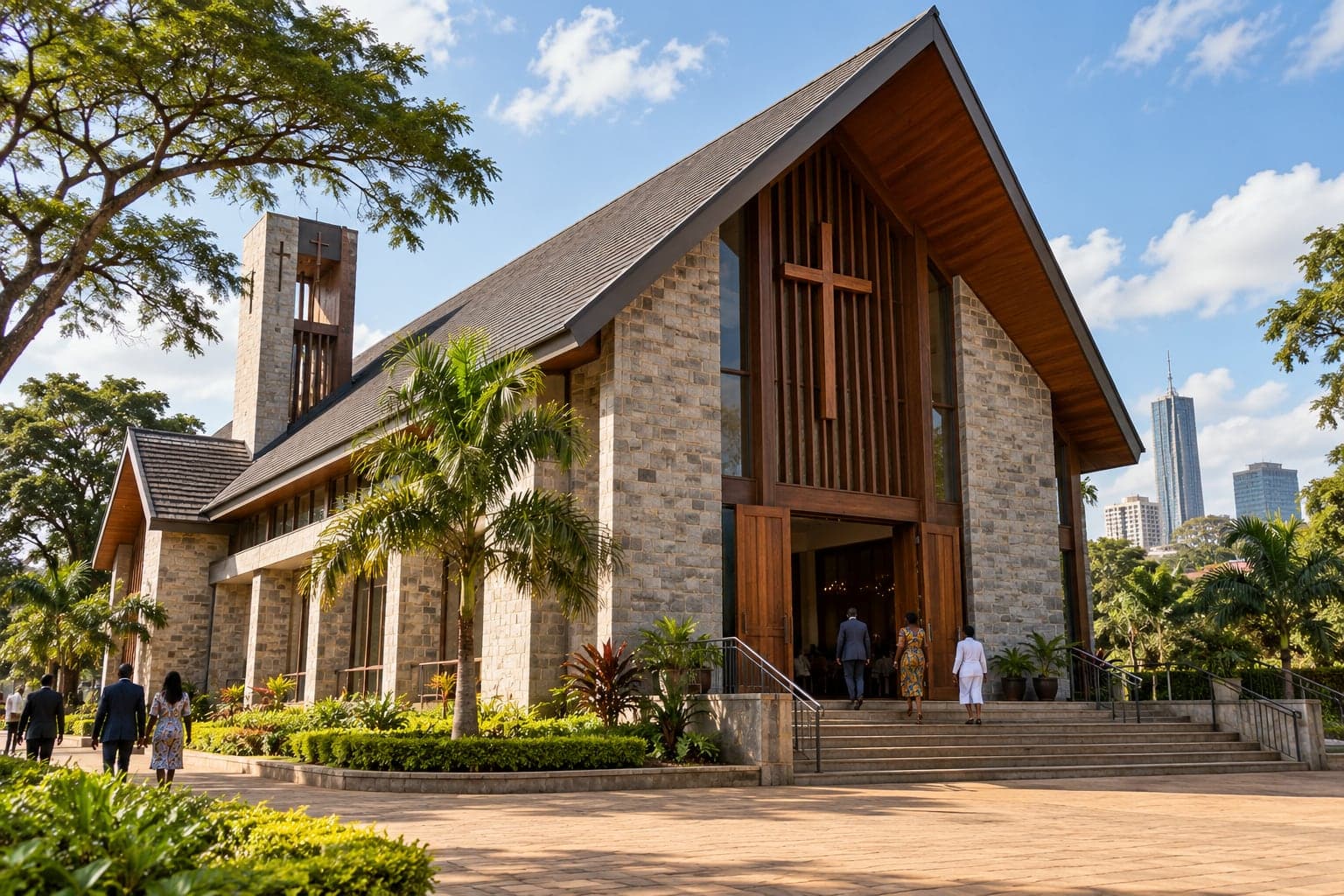 Demonstration photograph of a contemporary stone-and-timber Anglican church in Nairobi